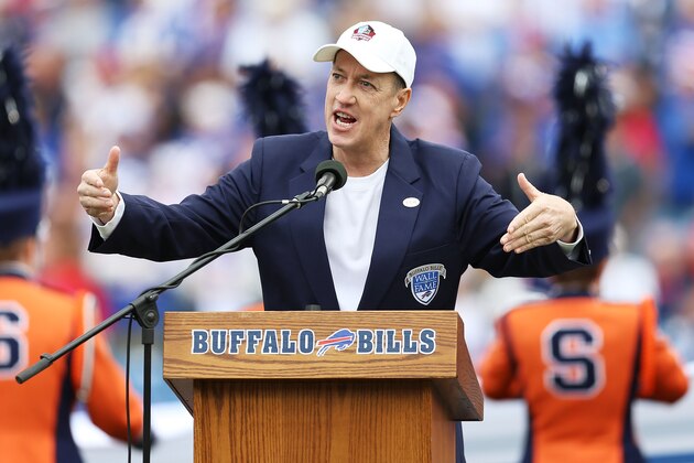 ORCHARD PARK, NY - SEPTEMBER 14:  Former Buffalo Bills quarterback Jim Kelly talks to the crowd before the game between the Buffalo Bills and the Miami Dolphins at Ralph Wilson Stadium on September 14, 2014 in Orchard Park, New York.  (Photo by Vaughn Ridley/Getty Images)