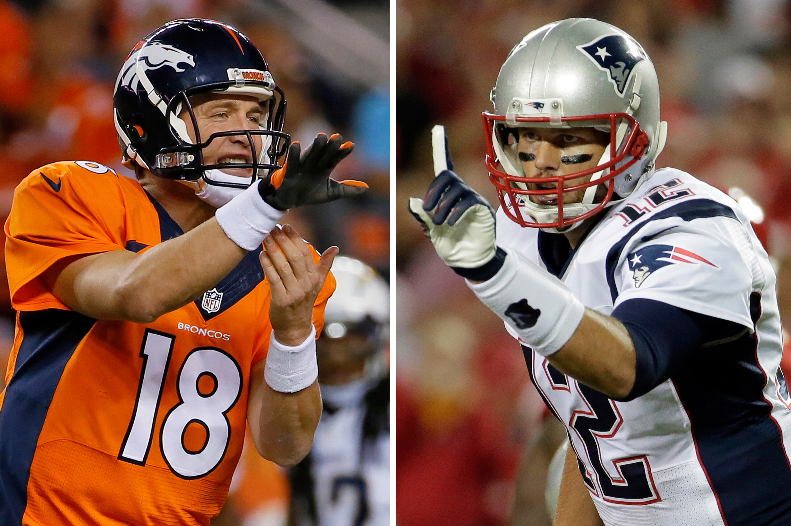 FILE - At left, in an Oct. 23, 2014, file photo, Denver Broncos quarterback Peyton Manning calls a play against the San Diego Chargers during the first half of an NFL football game in Denver. At right, in a Sept. 29, 2014, file photo, New England Patriots quarterback Tom Brady points on the line of scrimmage during the first quarter of an NFL football game against the Kansas City Chiefs in Kansas City, Mo. New England has little time to savor its fourth straight win, a 51-23 pounding of the Chicago Bears. The Patriots must get ready to host Peyton Manning and the Denver Broncos next Sunday in the first of five straight games against top teams.(AP Photo/File)