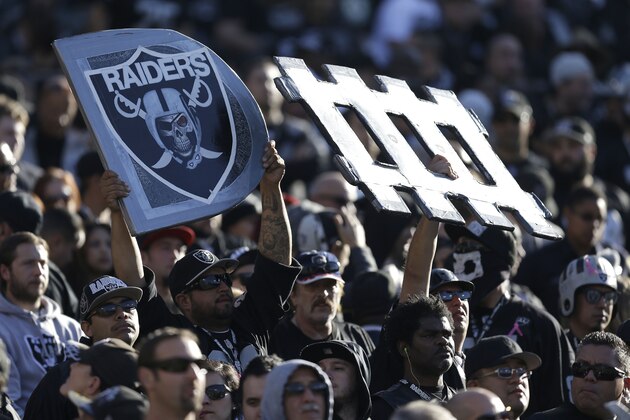 Oakland Raiders fans hold up signs for the defense during an NFL football game against the Tennessee Titans in Oakland, Calif., Sunday, Nov. 24, 2013. (AP Photo/Ben Margot)