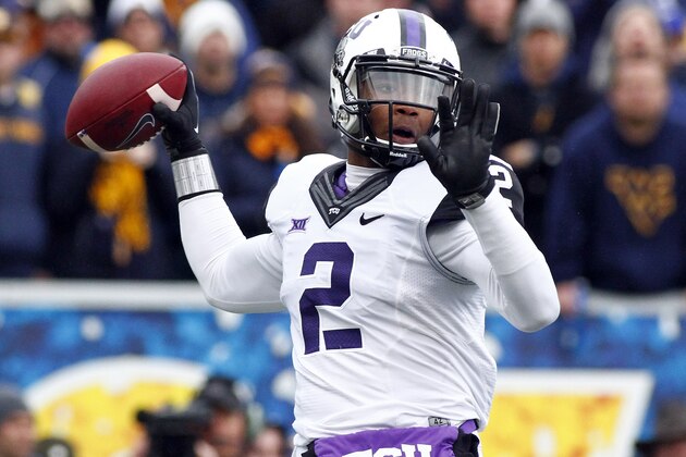 MORGANTOWN, WV - NOVEMBER 01:  Trevone Boykin #2 of the TCU Horned Frogs drops back to pass in the first quarter against the West Virginia Mountaineers during the game on November 1, 2014 at Mountaineer Field in Morgantown, West Virginia.  (Photo by Justin K. Aller/Getty Images)