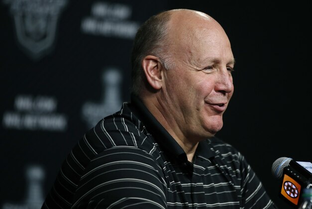 Boston Bruins head coach Claude Julien speaks during a season-ending wrap-up news conference in Boston, Friday, May 16, 2014. The Montreal Canadiens eliminated the Bruins with a 3-1 win in Game 7 of their second-round Stanley Cup playoff NHL hockey series on Wednesday. (AP Photo/Elise Amendola)