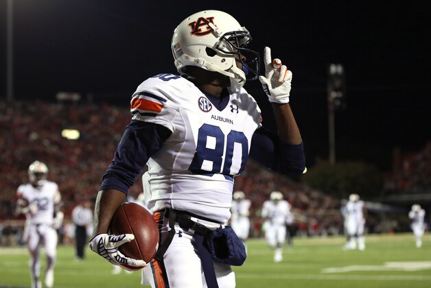 Nov 1, 2014; Oxford, MS, USA; Auburn Tigers wide receiver Marus Davis (80) reacts after catching a pass for a touchdown in the third quarter against the Ole Miss Rebels at Vaught-Hemingway Stadium. Mandatory Credit: Nelson Chenault-USA TODAY Sports
