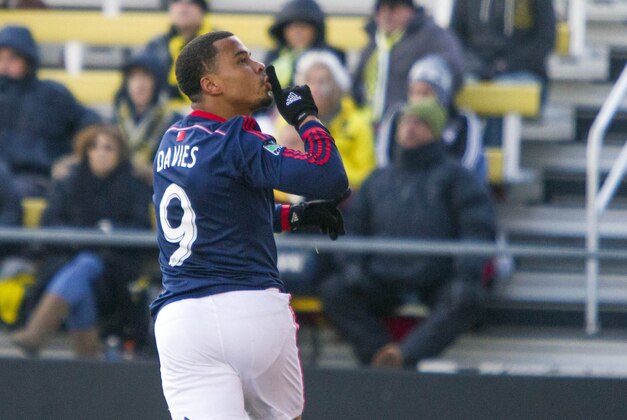 Nov 1, 2014; Columbus, OH, USA; New England Revolution forward Charlie Davies (9) celebrates his goal in the first half of play against the Columbus Crew at Crew Stadium. Mandatory Credit: Trevor Ruszkowski-USA TODAY Sports