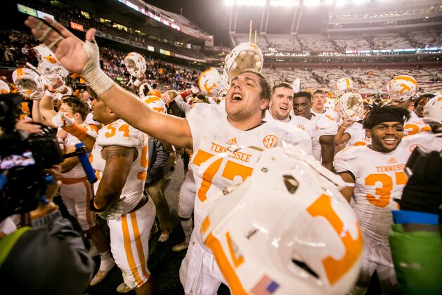 Nov 1, 2014; Columbia, SC, USA; Tennessee Volunteers offensive lineman Kyler Kerbyson (77) sings Rocky Top following their overtime win over the South Carolina Gamecocks at Williams-Brice Stadium. Mandatory Credit: Jeff Blake-USA TODAY Sports