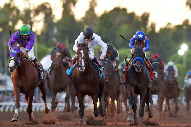 Jockey Martin Garcia, right, rides Bayern to victory in the Breeders' Cup Classic horse race past Jockey Victor Espinoza on California Chrome, left, Jockey Jamie Spencer on Toast of New York at Santa Anita Park, Saturday, Nov. 1, 2014, in Arcadia, Calif. (AP Photo/Mark J. Terrill)