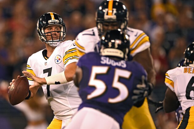 BALTIMORE, MD - SEPTEMBER 11: Quarterback Ben Roethlisberger #7 of the Pittsburgh Steelers looks to pass against the Baltimore Ravens at M&T Bank Stadium on September 11, 2014 in Baltimore, Maryland. The Baltimore Ravens won, 26-6. (Photo by Patrick Smith/Getty Images)