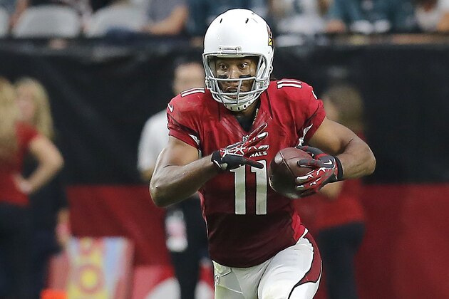 Arizona Cardinals wide receiver Larry Fitzgerald (11) during the first quarter of an NFL football game against the Philadelphia Eagles, Sunday, Oct. 26, 2014 in Glendale, Ariz. (AP Photo/Rick Scuteri)