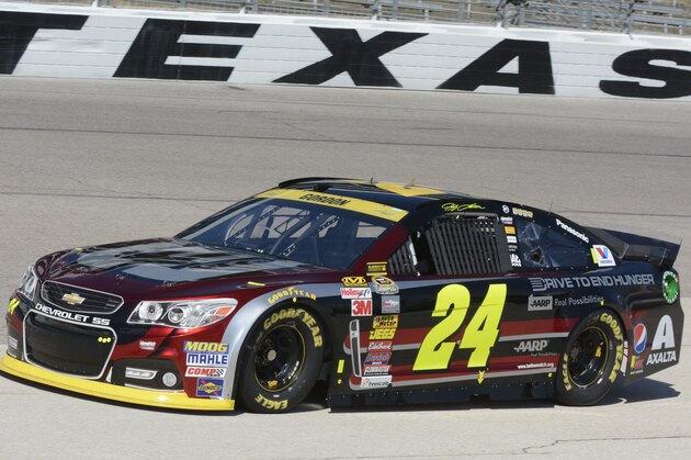 Jeff Gordon pulls pulls down to the pits during practice at Texas Motor Speedway in Fort Worth, Texas, Friday, Oct. 31, 2014, for Sunday's NASCAR Sprint Cup auto race. (AP Photo/Larry Papke )