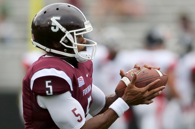 Fordham Rams Tebucky Jones #5  in pre game against the St. Francis (PA) Red Flash before a college football game on Saturday, August 30, 2014 in the Bronx, NY.  Fordham won the game 53-22.  (AP Photo/Gregory Payan)