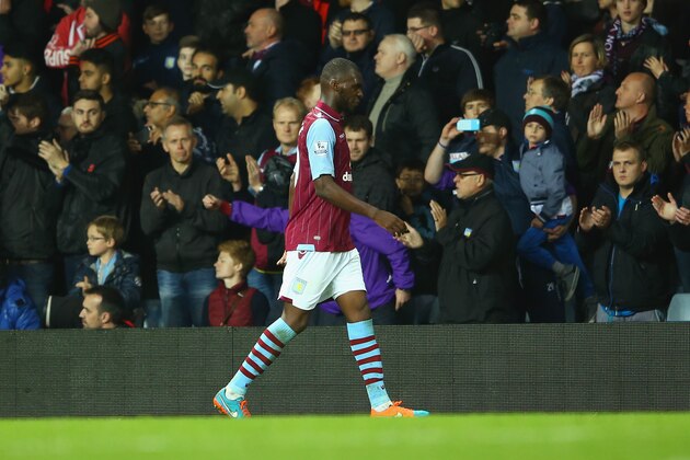 BIRMINGHAM, ENGLAND - NOVEMBER 02:  Christian Benteke of Aston Villa leaves the field after receving a red card during the Barclays Premier League match between Aston Villa and Tottenham Hotspur at Villa Park on November 2, 2014 in Birmingham, England.  (Photo by Richard Heathcote/Getty Images)