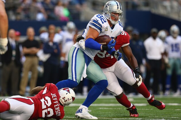 ARLINGTON, TX - NOVEMBER 02:   Jason Witten #82 of the Dallas Cowboys runs the ball against  Tony Jefferson #22 and  Sam Acho #94 of the Arizona Cardinals in the second quarter at AT&T Stadium on November 2, 2014 in Arlington, Texas.  (Photo by Ronald Martinez/Getty Images)