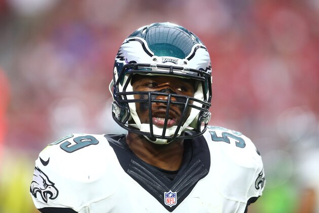 Oct 26, 2014; Glendale, AZ, USA; Philadelphia Eagles linebacker DeMeco Ryans (59) against the Arizona Cardinals at University of Phoenix Stadium. The Cardinals defeated the Eagles 24-20. Mandatory Credit: Mark J. Rebilas-USA TODAY Sports