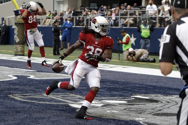 Arizona Cardinals running back Andre Ellington (38) makes a touchdown reception against the Dallas Cowboys during the second half of an NFL football game Sunday, Nov. 2, 2014, in Arlington, Texas. tight end Rob Housler (84) celebrates at rear. (AP Photo/Brandon Wade)