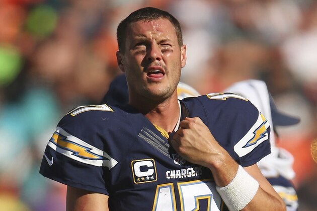 MIAMI GARDENS, FL - NOVEMBER 02:  Quarterback Philip Rivers #17 of the San Diego Chargers reacts on the sideline in the third quarter during a game against the Miami Dolphins at Sun Life Stadium on November 2, 2014 in Miami Gardens, Florida.  (Photo by Mike Ehrmann/Getty Images)