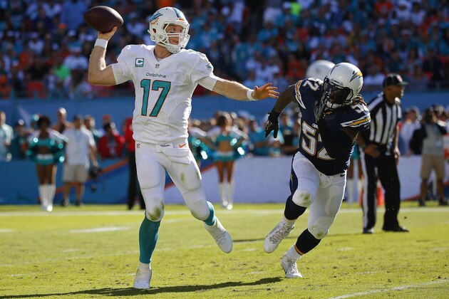 MIAMI GARDENS, FL - NOVEMBER 02:  Quarterback Ryan Tannehill #17 of the Miami Dolphins scrambles as he throws under pressure from outside linebacker Reggie Walker #52 of the San Diego Chargers during a game at Sun Life Stadium on November 2, 2014 in Miami Gardens, Florida.  (Photo by Chris Trotman/Getty Images)