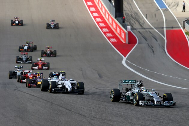 AUSTIN, TX - NOVEMBER 02:  Lewis Hamilton of Great Britain and Mercedes GP leads Valtteri Bottas of Finland and Williams and Felipe Massa of Brazil and Williams during the United States Formula One Grand Prix at Circuit of The Americas on November 2, 2014 in Austin, United States.  (Photo by Mark Thompson/Getty Images)
