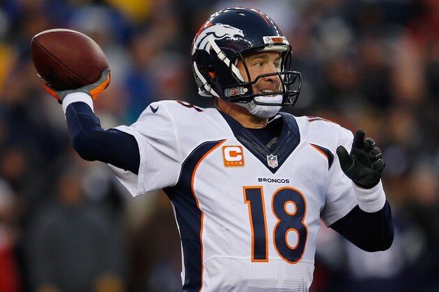 FOXBORO, MA - NOVEMBER 02:  Peyton Manning #18 of the Denver Broncos passes the ball during the first quarter against the New England Patriots at Gillette Stadium on November 2, 2014 in Foxboro, Massachusetts.  (Photo by Jim Rogash/Getty Images)