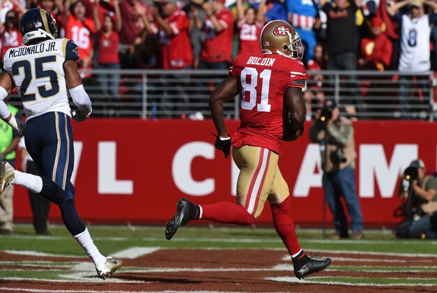 November 2, 2014; Santa Clara, CA, USA; San Francisco 49ers wide receiver Anquan Boldin (81) scores a touchdown against the St. Louis Rams during the second quarter at Levi's Stadium. Mandatory Credit: Kyle Terada-USA TODAY Sports