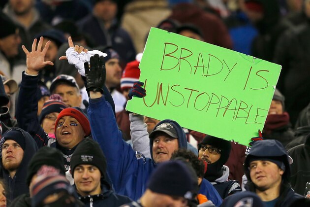 FOXBORO, MA - NOVEMBER 02:  Fans of the New England Patriots hold a sign during a game against the Denver Broncos at Gillette Stadium on November 2, 2014 in Foxboro, Massachusetts.  (Photo by Jim Rogash/Getty Images)