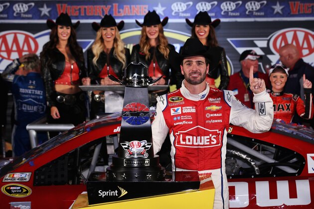 FORT WORTH, TX - NOVEMBER 02:  Jimmie Johnson, driver of the #48 Lowe's Red Vest Chevrolet, celebrates with the trophy in Victory Lane after winning during the NASCAR Sprint Cup Series AAA Texas 500 at Texas Motor Speedway on November 2, 2014 in Fort Worth, Texas.  (Photo by Chris Graythen/Getty Images for Texas Motor Speedway)