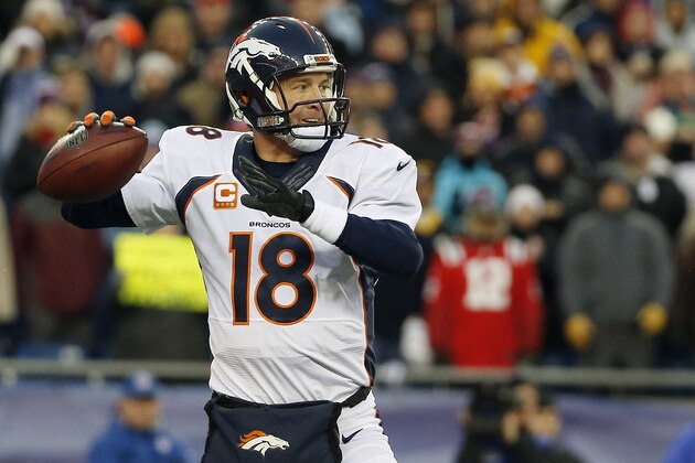 Denver Broncos quarterback Peyton Manning passes against the New England Patriots in the first half of an NFL football game on Sunday, Nov. 2, 2014, in Foxborough, Mass. (AP Photo/Elise Amendola)