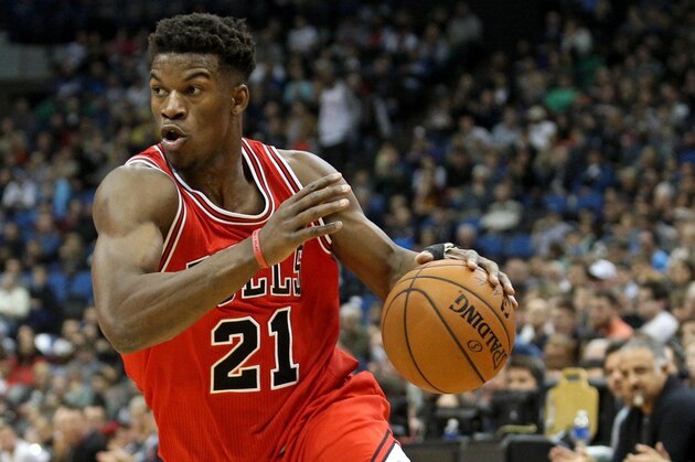 Nov 1, 2014; Minneapolis, MN, USA; Chicago Bulls guard Jimmy Butler (21) dribbles during the first quarter against the Minnesota Timberwolves at Target Center. Mandatory Credit: Brace Hemmelgarn-USA TODAY Sports