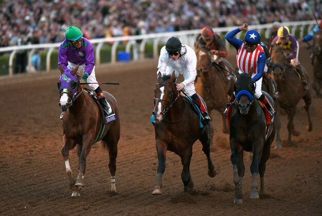 ARCADIA, CA - NOVEMBER 01:  Jockey Martin Garcia atop Bayern (R) celebrates ahead of jockey Victor Espinoza atop California Chrome, and jockey Jamie Spencer atop Toast of New York as he takes the 2014 Breeders' Cup Classic at Santa Anita Park on November 1, 2014 in Arcadia, California.  (Photo by Kevork Djansezian/Getty Images)