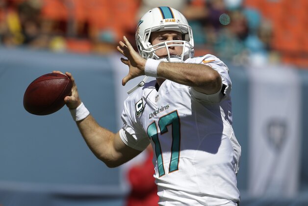 Miami Dolphins quarterback Ryan Tannehill (17) warms up before an NFL football game against the San Diego Chargers, Sunday, Nov. 2, 2014, in Miami Gardens, Fla.  (AP Photo/Lynne Sladky)