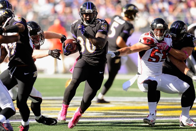 BALTIMORE, MD - OCTOBER 19: Running back Bernard Pierce #30 of the Baltimore Ravens rushes during the fourth quarter of a game against the Atlanta Falcons at M&T Bank Stadium on October 19, 2014 in Baltimore, Maryland.  (Photo by Mitchell Layton/Getty Images)