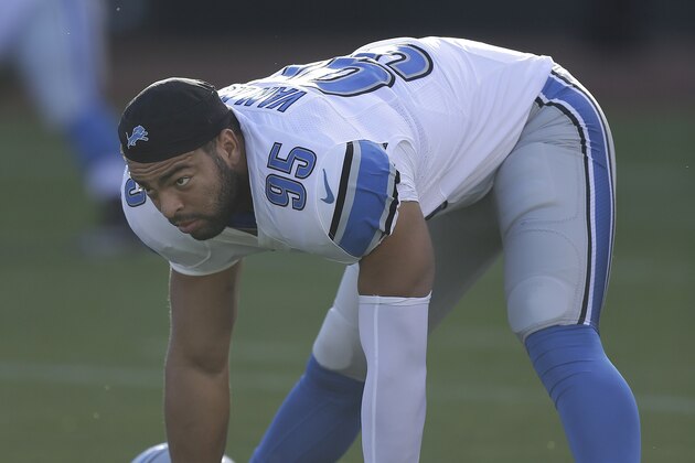Detroit Lions outside linebacker Kyle Van Noy (95) warms up before an NFL preseason football game against the Oakland Raiders in Oakland, Calif., Friday, Aug. 15, 2014. (AP Photo/Ben Margot)