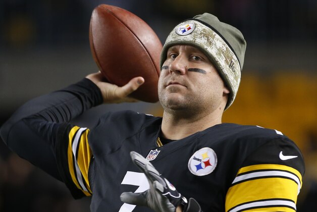 Pittsburgh Steelers quarterback Ben Roethlisberger (7) warms up before the NFL football game against the Baltimore Ravens, Sunday, Nov. 2, 2014, in Pittsburgh. (AP Photo/Gene J. Puskar)