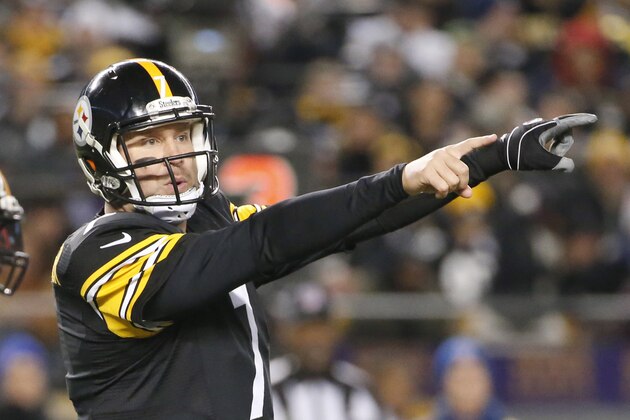 Pittsburgh Steelers quarterback Ben Roethlisberger (7) makes a call at the line as he plays in an NFL football game against the Baltimore Ravens, Sunday, Nov. 2, 2014, in Pittsburgh. (AP Photo/Gene J. Puskar)