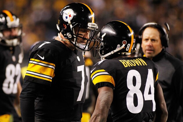 PITTSBURGH, PA - NOVEMBER 02:  Antonio Brown #84 of the Pittsburgh Steelers celebrates his touchdown with Ben Roethlisberger #7 during the fourth quarter against the Baltimore Ravens at Heinz Field on November 2, 2014 in Pittsburgh, Pennsylvania.  (Photo by Justin K. Aller/Getty Images)