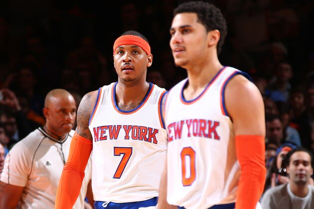 NEW YORK, NY - NOVEMBER 2: Carmelo Anthony #7 and Shane Larkin #0 of the New York Knicks during the game on November 2, 2014 at Madison Square Garden in New York City, New York. NOTE TO USER: User expressly acknowledges and agrees that, by downloading and or using this Photograph, user is consenting to the terms and conditions of the Getty Images License Agreement. Mandatory Copyright Notice: Copyright 2014 NBAE (Photo by Nathaniel S. Butler/NBAE via Getty Images)