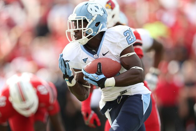 LOUISVILLE, KY - SEPTEMBER 15: Romar Morris #21 of the North Carolina Tar Heels runs with the ball during the game against the Louisville Cardinals at Papa John's Cardinal Stadium on September 15, 2012 in Louisville, Kentucky.  (Photo by Andy Lyons/Getty Images)
