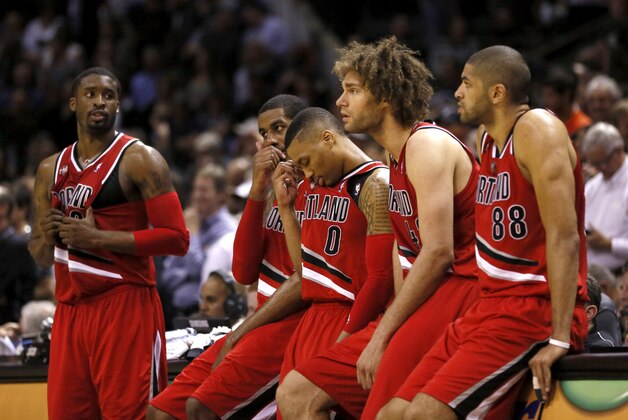 May 14, 2014; San Antonio, TX, USA; Portland Trail Blazers players during a timeout against the San Antonio Spurs in game five of the second round of the 2014 NBA Playoffs at AT&T Center. The Spurs won 104-82. Mandatory Credit: Soobum Im-USA TODAY Sports