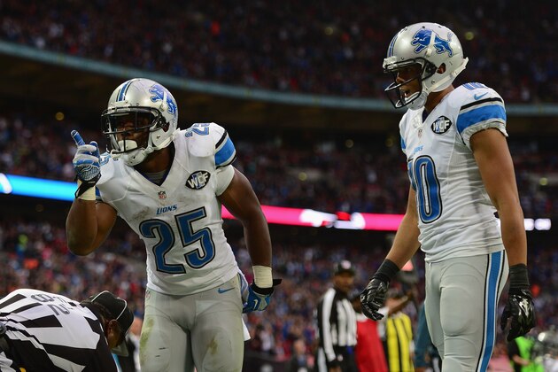 LONDON, ENGLAND - OCTOBER 26:  Theo Riddick #25 of the Detroit Lions celebrates scoring a touchdown in the fourth quarter during the NFL match between Detroit Lions and  Atlanta Falcons at Wembley Stadium on October 26, 2014 in London, England.  (Photo by Jamie McDonald/Getty Images)