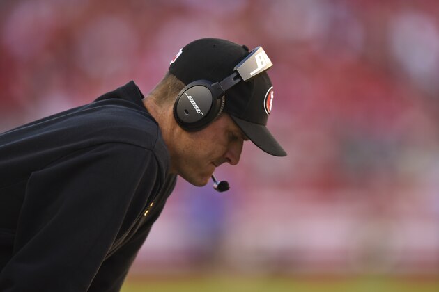 SANTA CLARA, CA - NOVEMBER 02: Head coach Jim Harbaugh of the San Francisco 49ers on the sidelines against the St. Louis Rams during the fourth quarter at Levi's Stadium on November 2, 2014 in Santa Clara, California.  The St. Louis Rams defeated the San Francisco 49ers 13-10.  (Photo by Thearon W. Henderson/Getty Images)