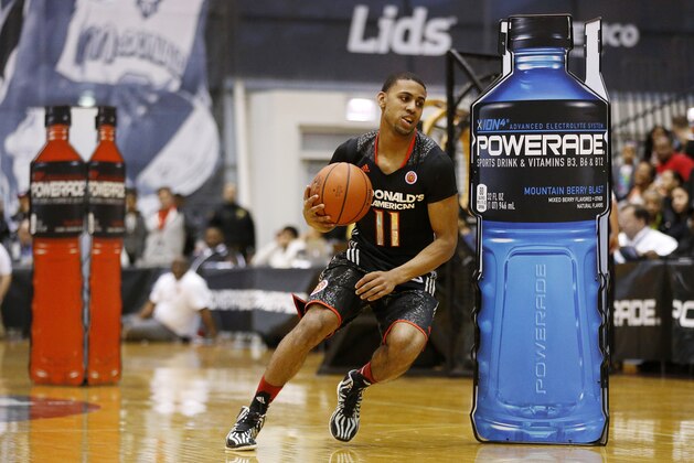 McDonald's West All-American Joel Berry II, of Apopka, Fla., competes in the skills contest during the McDonald's All-American Jam Fest at the University of Chicago in Chicago, on Monday, March 31, 2014. (AP Photo/Andrew A. Nelles)