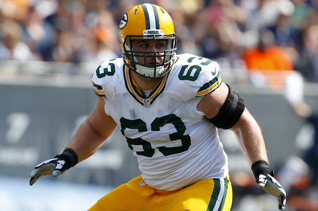 Green Bay Packers center Corey Linsley (63) blocks against Chicago Bears during an NFL game at Soldier Field in Chicago on Sunday, Sept. 28, 2014. (Jeff Haynes/AP Images for Panini)