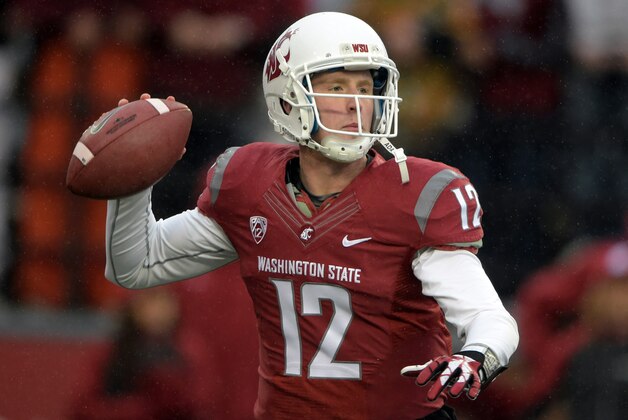 Nov 1, 2014; Pullman, WA, USA; Washington State Cougars quarterback Connor Halliday (12) throws a pass against the Southern California Trojans at Martin Stadium. Mandatory Credit: Kirby Lee-USA TODAY Sports