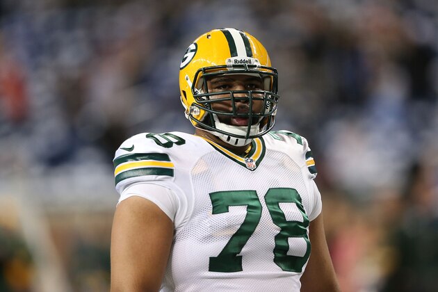 DETROIT, MI - NOVEMBER 28:  Derek Sherrod #78 of the Green Bay Packers wacthes the action during the third quarter of the game against the Detroit Lions at Ford Field on November 28, 2013 in Detroit, Michigan. The Lions defeated the Packers 40-10.  (Photo by Leon Halip/Getty Images)