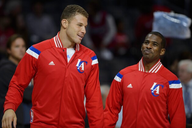 Nov 2, 2014; Los Angeles, CA, USA; Los Angeles Clippers forward Blake Griffin (left) talks with Los Angeles Clippers guard Chris Paul (right) prior to the game against the Sacramento Kings at Staples Center. Mandatory Credit: Kelvin Kuo-USA TODAY Sports