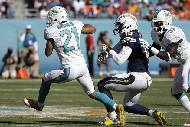 Miami Dolphins cornerback Brent Grimes (21) intercepts a pass intended for San Diego Chargers wide receiver Keenan Allen (13) during the second half of an NFL football game, Sunday, Nov. 2, 2014, in Miami Gardens, Fla. To the right is Miami Dolphins free safety Michael Thomas (31).  (AP Photo/Lynne Sladky)