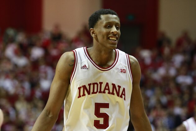 Indiana forward Troy Williams reacts in the first half of an NCAA basketball game against Ohio State in Bloomington, Ind. Sunday, March 2, 2014. (AP Photo/R Brent Smith)