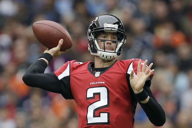 Atlanta Falcons quarterback Matt Ryan (2) throws a pass in the first half of the NFL football game against the Detroit Lions at Wembley Stadium, London, Sunday, Oct. 26, 2014.  (AP Photo/Matt Dunham)