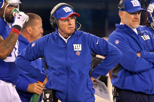Nov 3, 2014; East Rutherford, NJ, USA; New York Giants head coach Tom Coughlin coaches against the Indianapolis Colts during the fourth quarter at MetLife Stadium. The Colts defeated the Giants 40-24. Mandatory Credit: Brad Penner-USA TODAY Sports