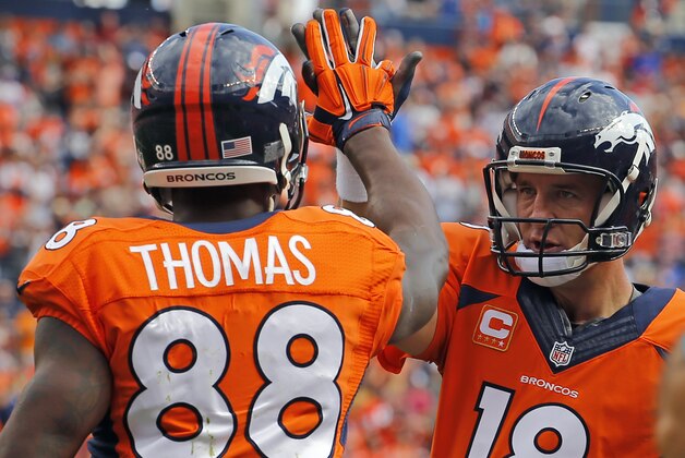 Denver Broncos quarterback Peyton Manning (18) and Demaryius Thomas (88) celebrates a touchdown during an NFL football game between the Denver Broncos and the Kansas City Chiefs, Sunday, Sept. 14, 2014, in Denver. (AP Photo/Jack Dempsey)