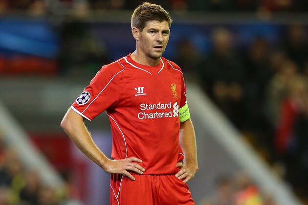 LIVERPOOL, ENGLAND - OCTOBER 22:  Steven Gerrard of Liverpool looks on during the UEFA Champions League Group B match between Liverpool and Real Madrid CF on October 22, 2014 in Liverpool, United Kingdom.  (Photo by Alex Livesey/Getty Images)