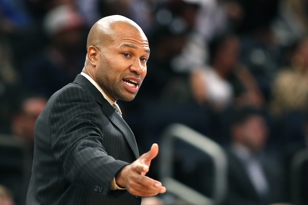 New York Knicks head coach Derek Fisher gestures in the second half of an NBA basketball game against the Washington Wizards at Madison Square Garden in New York, Wednesday, Oct. 22, 2014. The Knicks defeated the Wizards 103-100. (AP Photo/Kathy Willens)